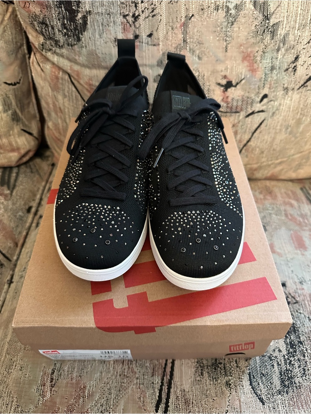Black Embellished Knit Lace-Up Sneakers - FitFlop - NEW - Picture 2 of 8